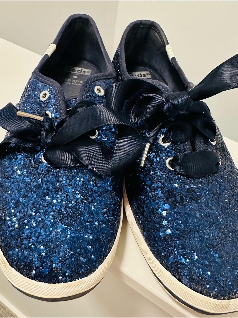 Kate Spade and Keds Navy Blue Glitter Ribbon Lace Sneakers Size 7
